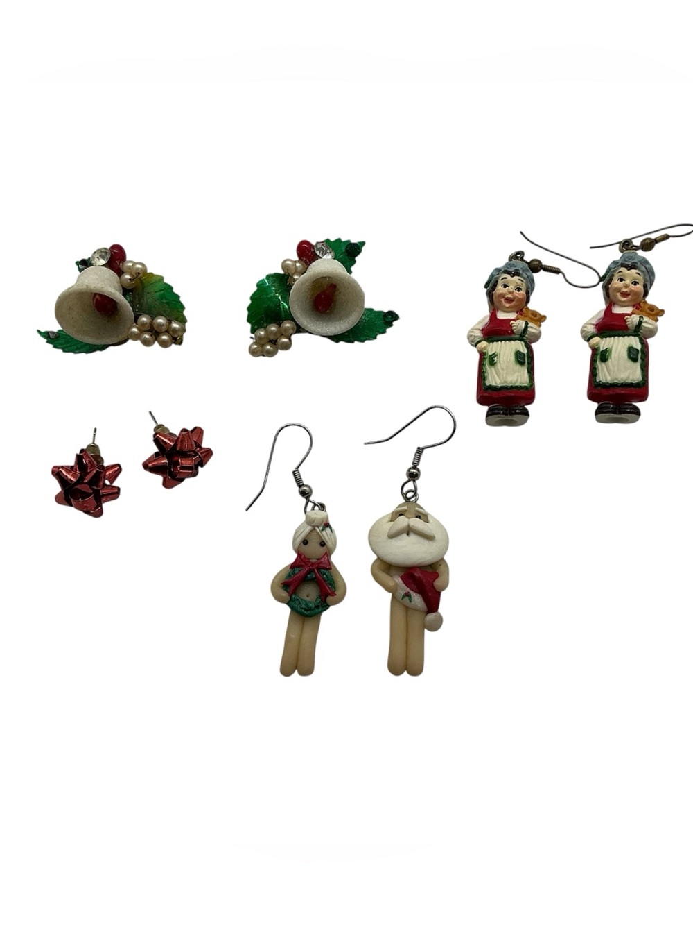 Vtg Christmas Lot 4 Pairs of Earrings 3 Pierced Ears & Set Clip On Trees Bells